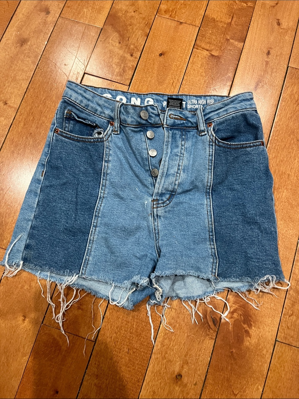 Patchwork High-Rise Denim Shorts - Blue